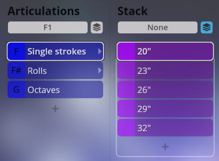 Vienna Symphonic Library Synchron Instruments interface showing Articulations with options like Single Strokes and Rolls, and Stack section displaying 20 to 32 inch settings for orchestral sounds.