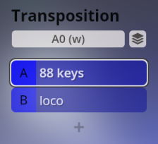 Software interface showing transposition options, including A0 (w) for key mapping, and choices for A 88 keys and B loco within the Vienna Symphonic Library's Big Bang Orchestra instrument.