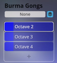 Digital interface showing a dropdown menu for Burma Gongs with options for Octave 2, Octave 3, and Octave 4, likely from Vienna Symphonic Library's Big Bang Orchestra.