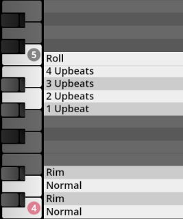 Keyboard interface displaying music articulation options like Roll, Upbeats (1-4), Rim, and Normal in the Vienna Symphonic Library Synchron Instruments.