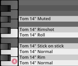 Vienna Symphonic Library Big Bang Orchestra Quasar drum sample interface displaying various 14-inch tom articulations like Muted, Rimshot, Roll, and Normal.