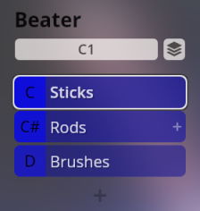 Beater MIDI CC controls for Big Bang Orchestra Quasar virtual instrument, showing selectable options for drum sticks, rods, and brushes.