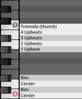 Musical keyboard interface showing articulation options like Tremolo, Upbeats, Rim, and Center, typically found in a Vienna Symphonic Library Synchron Instruments plugin for orchestral music production.