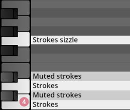 Digital keyboard interface displaying musical articulations Strokes sizzle, Muted strokes, and Strokes for Vienna Symphonic Library instruments.