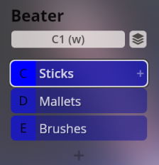 Screenshot of a digital audio workstation (DAW) interface, specifically the Big Bang Orchestra Quasar's 'Beater' instrument selection menu. The menu shows options for selecting drum beater types: Sticks, Mallets, and Brushes, with 'Sticks' currently highlighted in blue. This visual aids users in understanding how to choose percussive instrument sounds within the Vienna Symphonic Library Synchron Instruments.