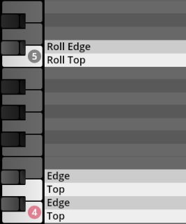 Digital piano roll interface showing programming for musical instrument samples like Roll Edge and Roll Top in gray and white bars, with keys labeled 4 and 5.
