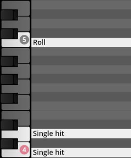 Vienna Symphonic Library Big Bang Orchestra Quasar software interface showing a piano roll with Roll and Single hit sections labeled with numbers 5 and 4.