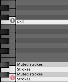 Screenshot of Big Bang Orchestra Quasar software interface showing a piano roll with Roll, Muted strokes, and Strokes options.