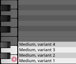 Screenshot of a musical instrument interface showing a piano roll on the left and selectable sound variations like Medium, variant 1-4 on the right, for Vienna Symphonic Library Synchron Instruments.