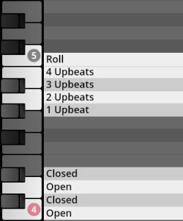Musical keyboard interface showing key assignments for Big Bang Orchestra: Quasar, including Roll, various Upbeats, and Open/Closed articulations, for Vienna Symphonic Library.