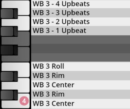 Piano keyboard keys with labels WB 3-4 Upbeats, WB 3 Roll, indicating musical instrument articulations for the Vienna Symphonic Library Big Bang Orchestra Synchron Instruments.