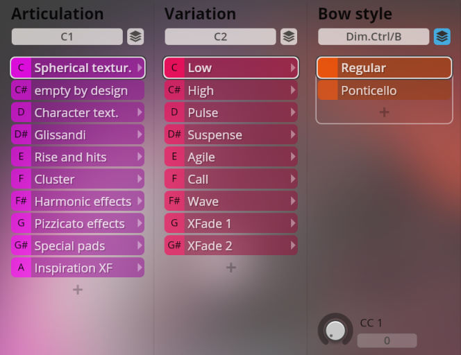 Vienna Symphonic Library Synchron Instruments interface showing Articulation, Variation, and Bow style options, with Regular currently selected for Bow style.