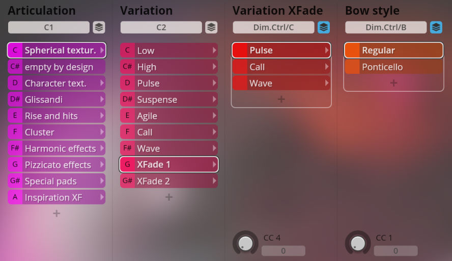 Big Bang Orchestra Regulus interface showing articulation, variation, XFade, and Bow style options, including Spherical texturing, Pulse, and Ponticello settings for Vienna Symphonic Library Synchron Instruments.