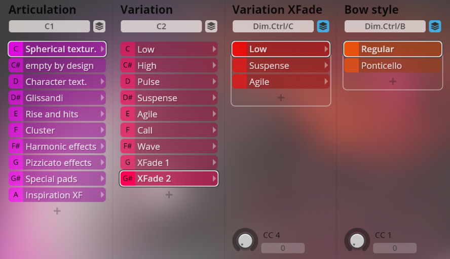 Visual interface for Big Bang Orchestra Synchron Instruments, showing articulation, variation, variation XFade, and bow style settings with options like spherical texture, low, suspense, regular, and ponticello selectable through buttons and control knobs.