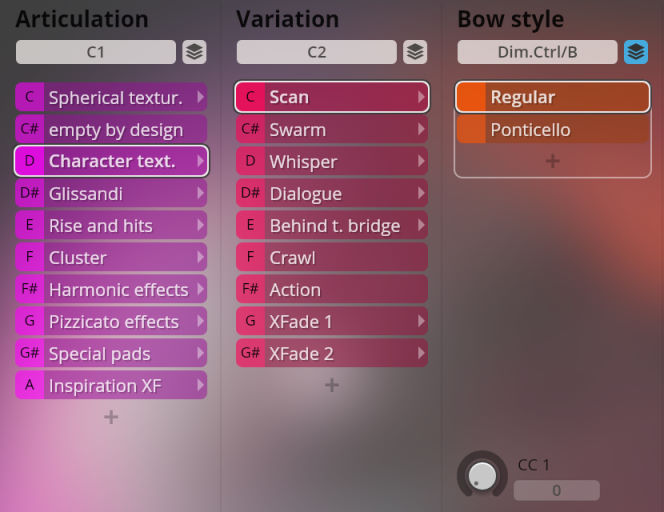 Vienna Symphonic Library Synchron Instruments interface displaying Articulation, Variation, and Bow style options including Regular and Ponticello for Big Bang Orchestra.