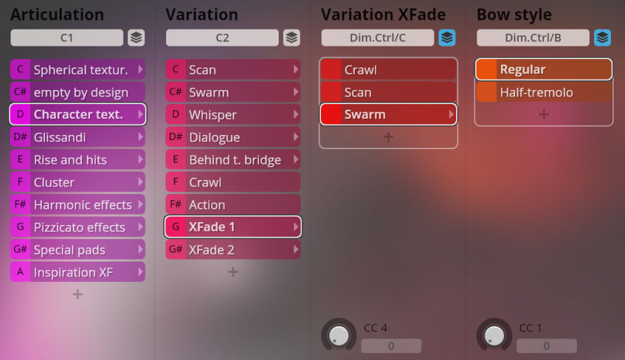 Vienna Symphonic Library Synchron Instruments Big Bang Orchestra user interface showing categories for Articulation, Variation, Variation XFade, and Bow style, with options like Character text, Swarm, and Regular selected.