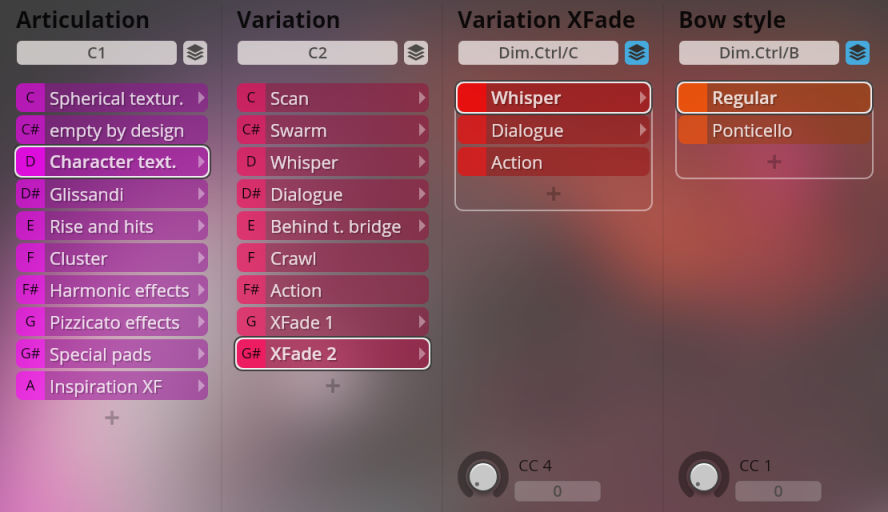 A digital audio workstation interface with four columns: Articulation, Variation, Variation XFade, and Bow Style. Each column lists sound categories, with Character text highlighted in Articulation, XFade 2 in Variation, Whisper in Variation XFade, and Regular in Bow Style. This image shows the selectable sound parameters for the Vienna Symphonic Library's Big Bang Orchestra Synchron Instruments.
