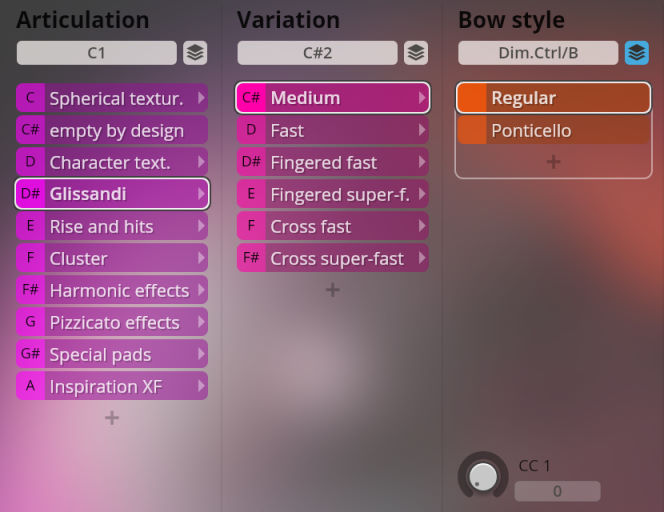 Vienna Symphonic Library Synchron Instruments interface showing articulation, variation, and bow style selections for Big Bang Orchestra.