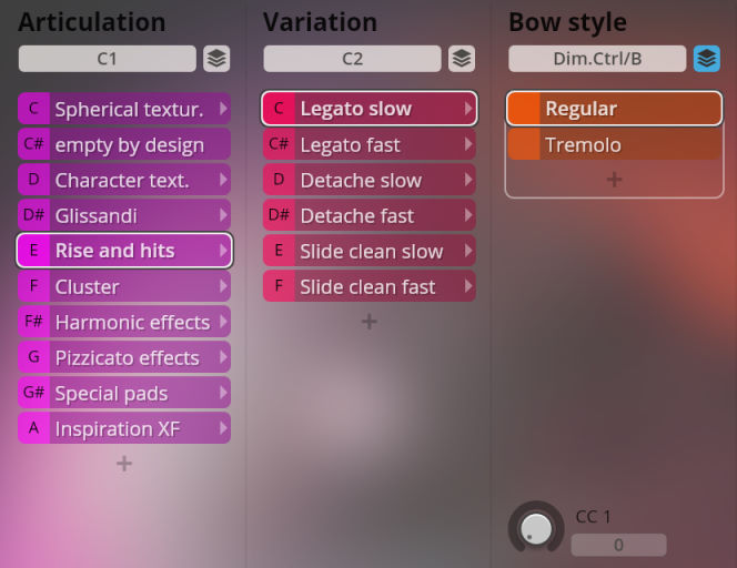 Vienna Symphonic Library Synchron Instruments interface displaying articulation, variation, and bow style options for Big Bang Orchestra.