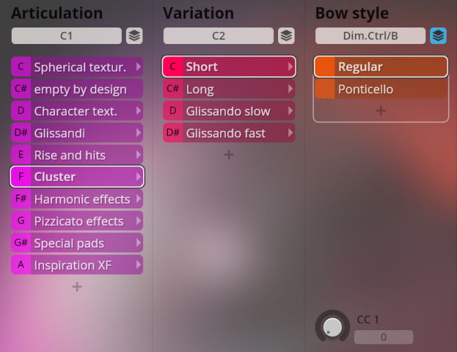 Vienna Symphonic Library Synchron Instruments interface showing Articulation, Variation, and Bow style options, with Cluster and Regular selected.