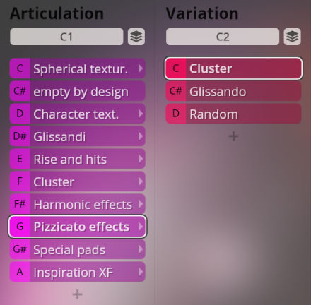 Vienna Symphonic Library Synchron Instruments Big Bang Orchestra interface displaying selectable musical articulations like Pizzicato effects and variations such as Cluster, Glissando, and Random for sound design.