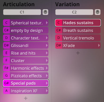 Screenshot of the Synchron Player interface showing Articulation and Variation menus with musical effects like Special pads and Hades sustains.