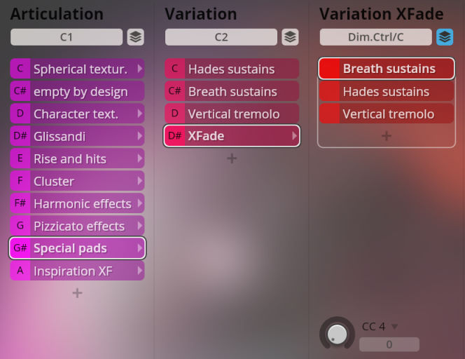 Vienna Symphonic Library Synchron Instruments interface showing articulation, variation, and XFade controls with options like Special pads, Breath sustains, and Glissandi.