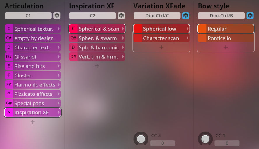 Vienna Symphonic Library Synchron Instruments Big Bang Orchestra interface displaying articulation, inspiration XF, variation XFade, and bow style options.
