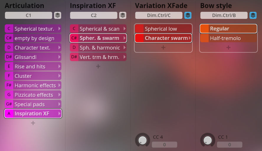 Vienna Symphonic Library Synchron Instruments Big Bang Orchestra user interface showing sound articulation, inspiration, variation, and bow style controls with active selections.