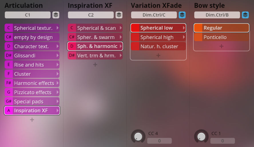 Vienna Symphonic Library Synchron Instruments interface showing articulation, inspiration, variation XFade, and bow style options for Big Bang Orchestra Regulus.