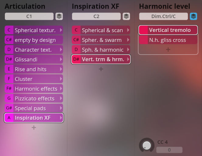 User interface for Vienna Symphonic Library's Big Bang Orchestra module, displaying articulation, inspiration XF, and harmonic level settings with options like spherical textures, glissandi, and vertical tremolo for sound design.