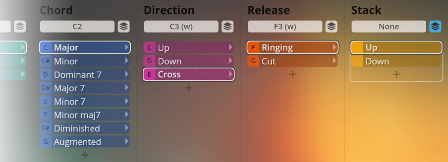 User interface for Vienna Symphonic Library's Synchron Instruments, showing Chord, Direction, Release, and Stack options for Big Bang Orchestra Solaris.