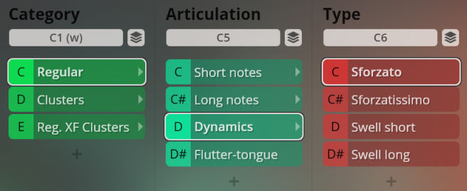 User interface showing category, articulation, and type options for Vienna Symphonic Library Synchron Instruments like Big Bang Orchestra.
