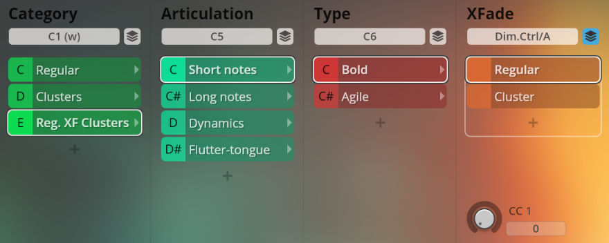 Screenshot of Big Bang Orchestra virtual instrument interface showing Category, Articulation, Type, and XFade selections for sound adjustments.