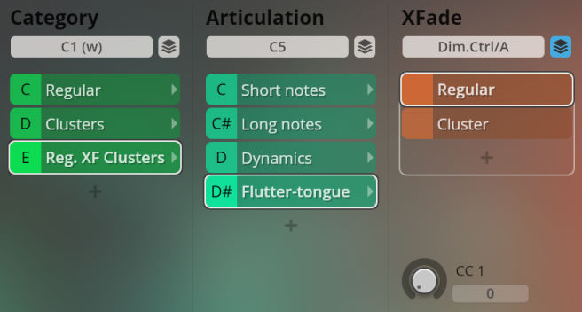 Vienna Symphonic Library Big Bang Orchestra Solaris software interface with Category, Articulation, and XFade sections, featuring options like Regular, Clusters, Long notes, and Flutter-tongue.