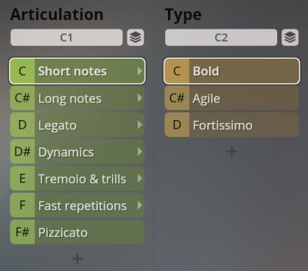 Vienna Symphonic Library Synchron Instruments articulation and type selection interface with options like short notes, long notes, legato, dynamics, tremolo & trills, fast repetitions, pizzicato, bold, agile, and fortissimo.