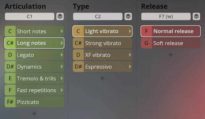Vienna Symphonic Library Synchron Instruments user interface showing Articulation, Type, and Release options for sound control. Long notes and normal release are highlighted.