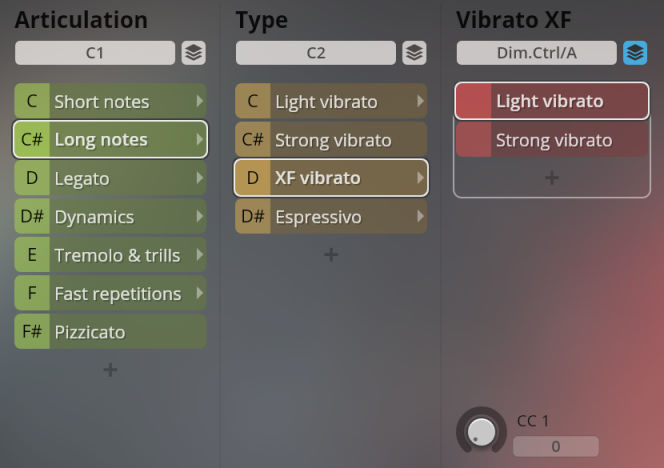 Vienna Symphonic Library Synchron Instruments interface showing articulation, type, and vibrato controls, with Long notes and XF vibrato selected.