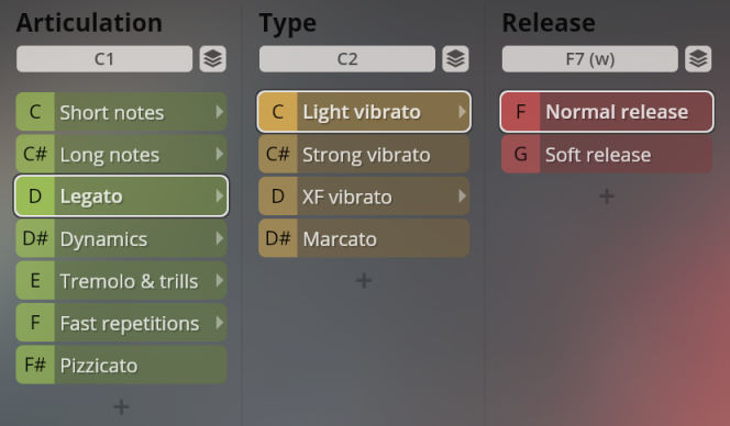 Vienna Symphonic Library Synchron Instruments user interface showing selected Legato articulation, Light vibrato type, and Normal release options.