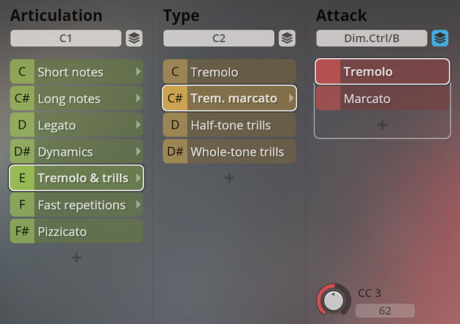Vienna Symphonic Library Synchron Instruments user interface showing Articulation, Type, and Attack options including Tremolo, Marcato, Legato, and Trills for sound customization.