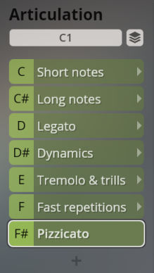 Vienna Symphonic Library Synchron Instruments articulation menu showing C1 selected with options for short notes, long notes, legato, dynamics, tremolo & trills, fast repetitions, and pizzicato.