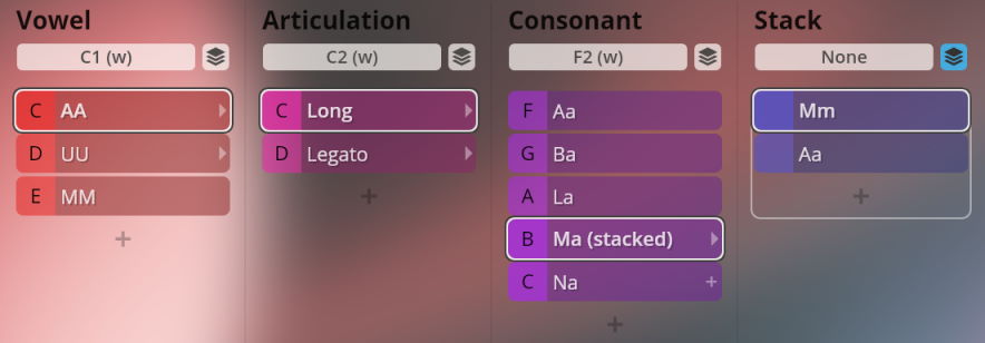 User interface showing Vowel, Articulation, Consonant, and Stack options for sound customization in a Vienna Symphonic Library Synchron Instrument.