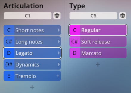 Vienna Symphonic Library Synchron Instruments interface showing articulation and type options including legato, marcato, short notes, and soft release.