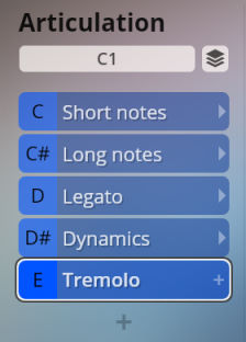 Digital instrument interface showing articulation options: short notes, long notes, legato, dynamics, and tremolo, for Big Bang Orchestra.