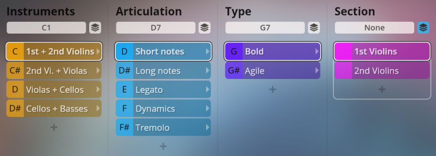 Graphical user interface for Big Bang Orchestra virtual instrument, showing selectable categories: Instruments (1st + 2nd Violins highlighted), Articulation (Short notes highlighted), Type (Bold highlighted), and Section (1st Violins highlighted).