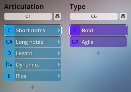 User interface displaying music articulation and type selection options, including Short notes, Long notes, Legato, Dynamics, Rips, Bold, and Agile, for the Big Bang Orchestra Synchron Instruments.