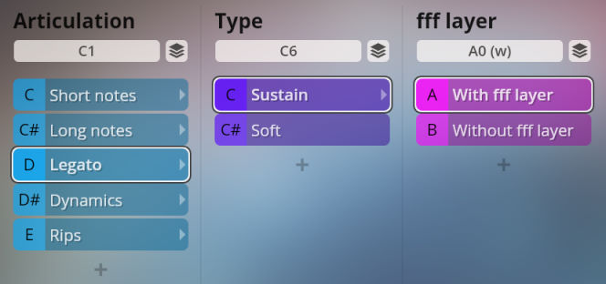 Vienna Symphonic Library Synchron Instruments interface showing Articulation (Legato), Type (Sustain), and fff layer (With fff layer) options for Big Bang Orchestra.