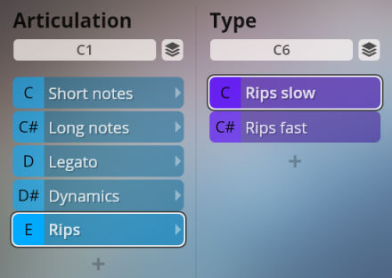 Vienna Symphonic Library Synchron Instruments interface showing articulation and type selection for musical rips effects, with options for slow and fast rips.