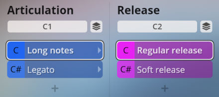 Vienna Symphonic Library Synchron Instruments interface showing articulation and release settings. Articulation options include Long notes and Legato, while release options include Regular release and Soft release.
