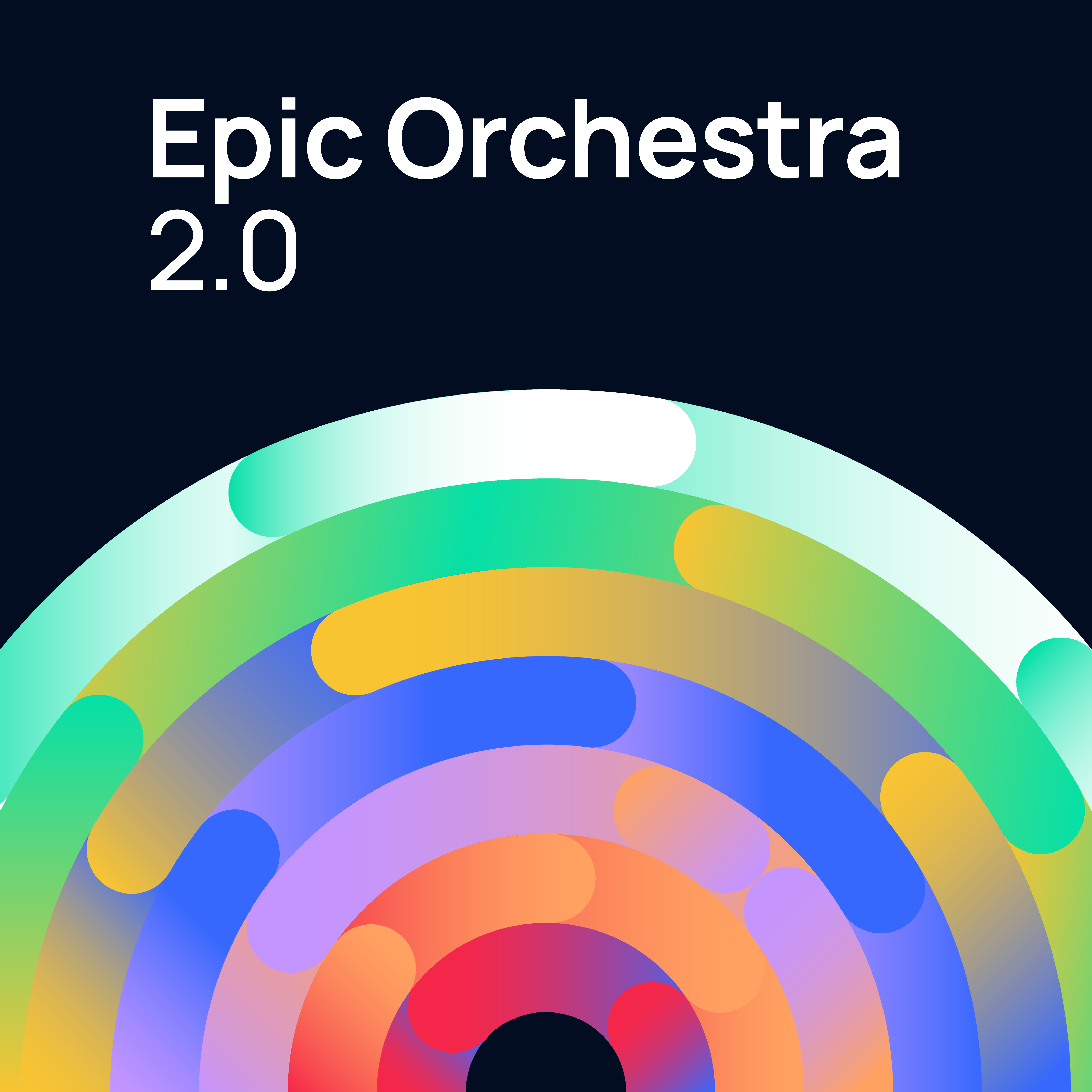 Epic Orchestra 2.0 logo with colorful, concentric, arc-shaped graphics on a dark background.
